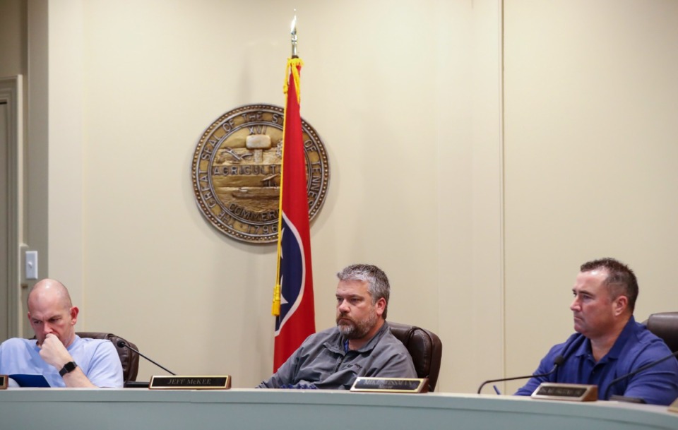 <strong>The Arlington Board of Mayor and Aldermen, including Russell Wiseman (from left, shown in 2020), Jeff McKee and Mayor Mike Wissman, unanimously approved an amendment to the town&rsquo;s zoning code at its meeting Tuesday, Sept. 7.</strong> (Mark Weber/Daily Memphian file)