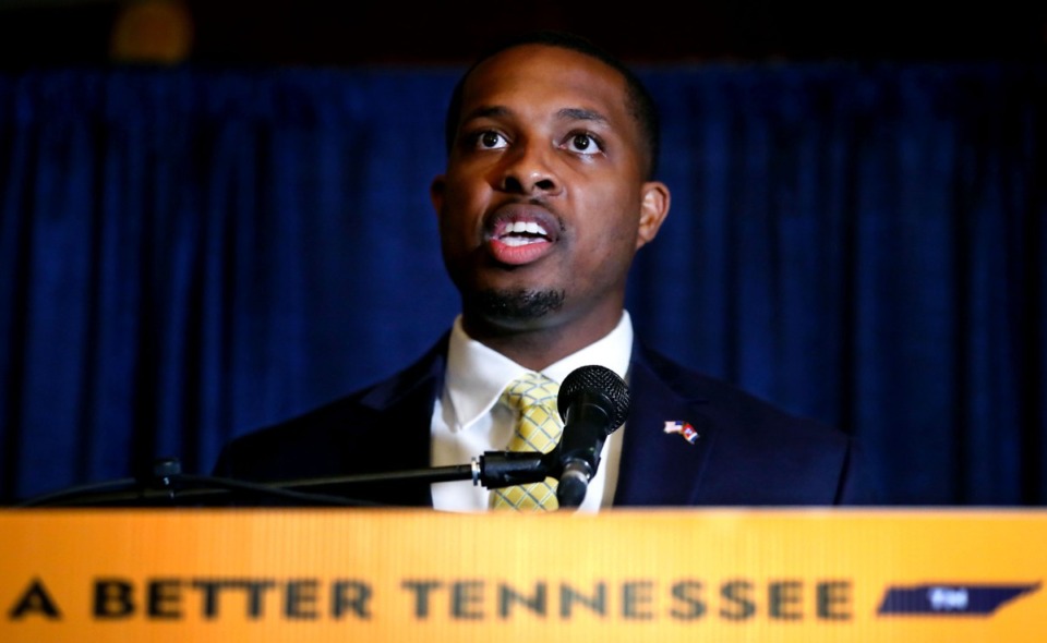 <strong>Memphis City Council member JB Smiley Jr. announces his bid for governor of Tennessee on his 34th birthday at the Orpheum Theatre in Memphis, Tennessee Sept. 8, 2021.</strong> (Patrick Lantrip/Daily Memphian)