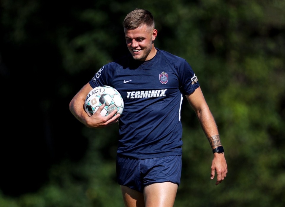 <strong>Memphis 901 FC defender Niall Logue walks off the pitch during a Sept. 9, 2021 practice at Mike Rose Soccer Complex.</strong> (Patrick Lantrip/Daily Memphian)