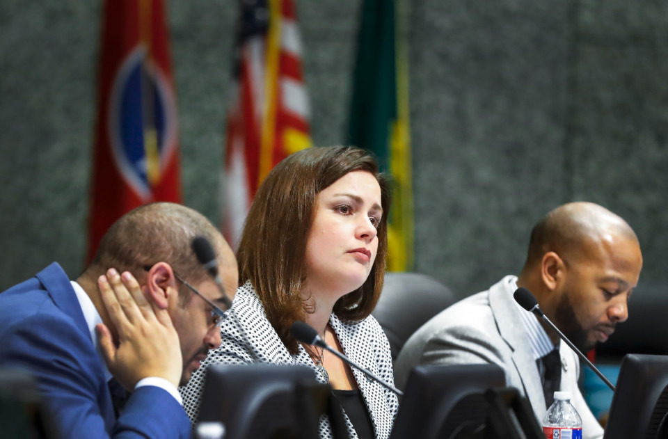 <strong>Shelby County Commissioner Amber Mills (middle) and the rest of the commission needed an extra meeting, but they finally worked out the bonus plan for county employees. </strong>(Mark Weber/Daily Memphian file)