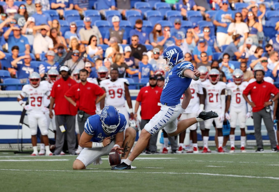 <strong>University of Memphis punter Joe Doyle kicked field goals against Nicholls State for the first time in four years and finished 5-of-5 in the 42-17 victory.</strong> (Courtesy Memphis Athletics)