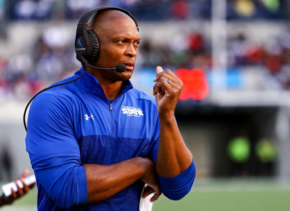 <strong>Tennessee State head coach Eddie George watches from the sidelines of the Southern Heritage Classic in Memphis, Tennessee Sept. 11, 2021.</strong> (Patrick Lantrip/Daily Memphian)