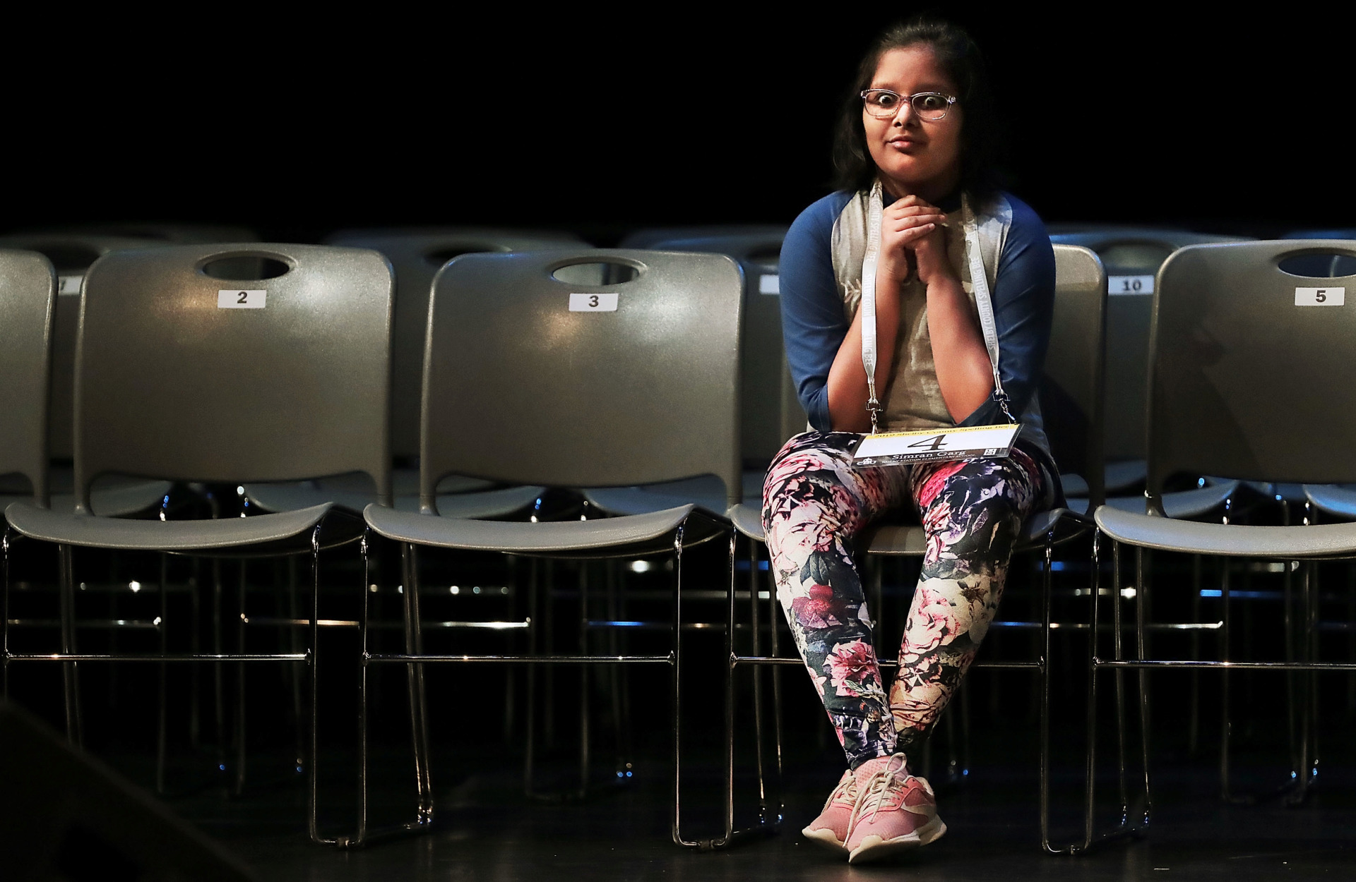 <strong>Simran Garg reacts after looking around at all the empty seats as she qualifies for the sixth round in the Shelby County Spelling Bee at the University of Memphis Michael D. Rose Theatre on Feb. 9, 2019. </strong>&nbsp;(Jim Weber/Daily Memphian)
