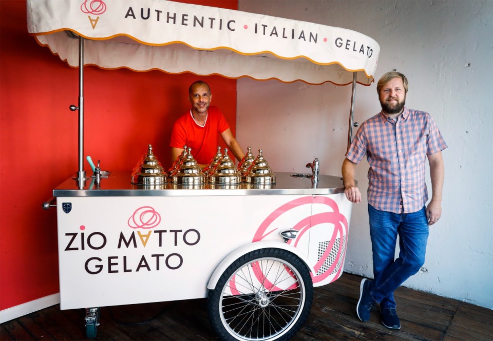 <strong>Memphis-made gelato Zio Matto, from partners Matteo Servente (left) and Ryan Watt on Friday, Sept. 10, 2021, stand with their new cart imported from Italy.</strong> (Mark Weber/The Daily Memphian)