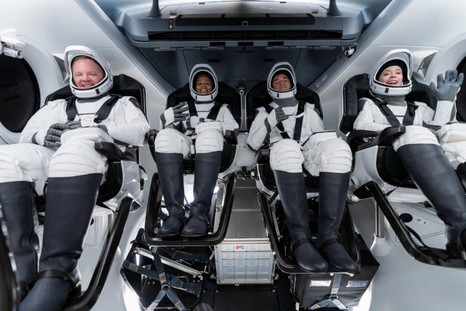 <strong>Chris Sembroski (from left), Sian Proctor, Jared Isaacman and Hayley Arceneaux sit in the Dragon capsule at Cape Canaveral in Florida on Sept. 12, during a dress rehearsal for the upcoming launch.&nbsp;Hayley Arceneaux &mdash; a former St. Jude patient who now works as a physician assistant at the hospital &mdash; is poised to become the youngest person to ever orbit the Earth.</strong> (SpaceX via AP)