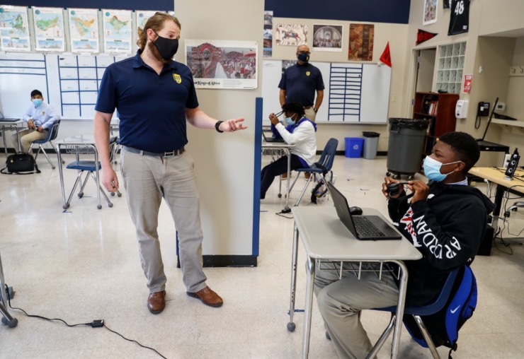 The instructor and students in a Grizzlies Prep classroom are masked. (Mark Weber/The Daily Memphian file)