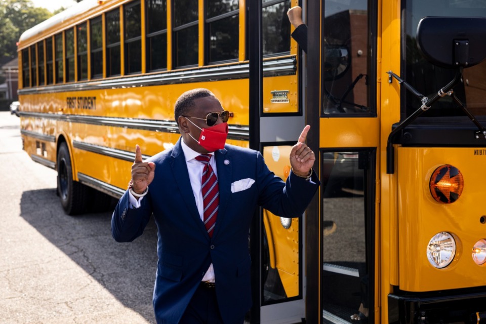 <strong>Shelby County Schools Superintendent Joris Ray arrives at Bruce Elementary during Shelby County Schools' first day of school for the 2021-2022 school year.</strong> (Brad Vest/Special to The Daily Memphian)