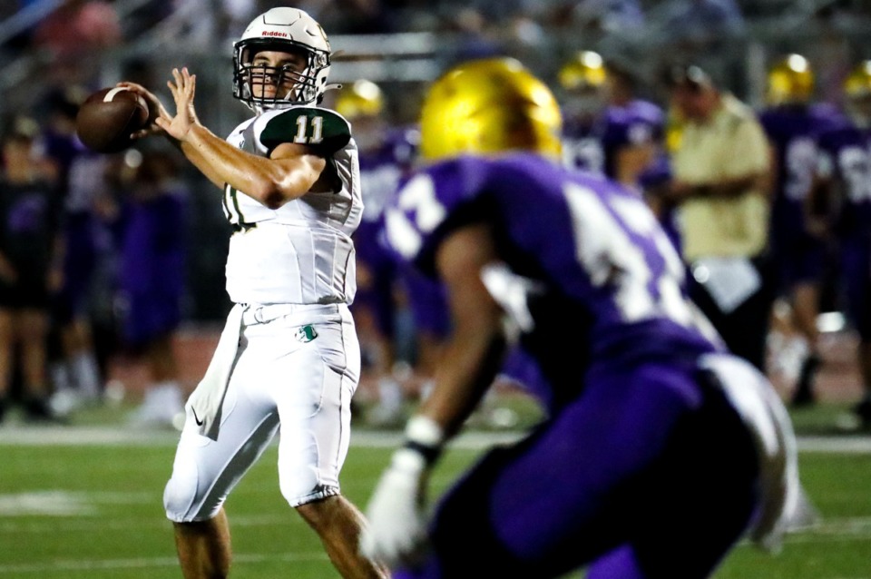 <strong>Briarcrest quarterback JD Sherrod (11) looks for an open receiver on Sept. 17 in the game against CBHS.</strong> (Patrick Lantrip/Daily Memphian)