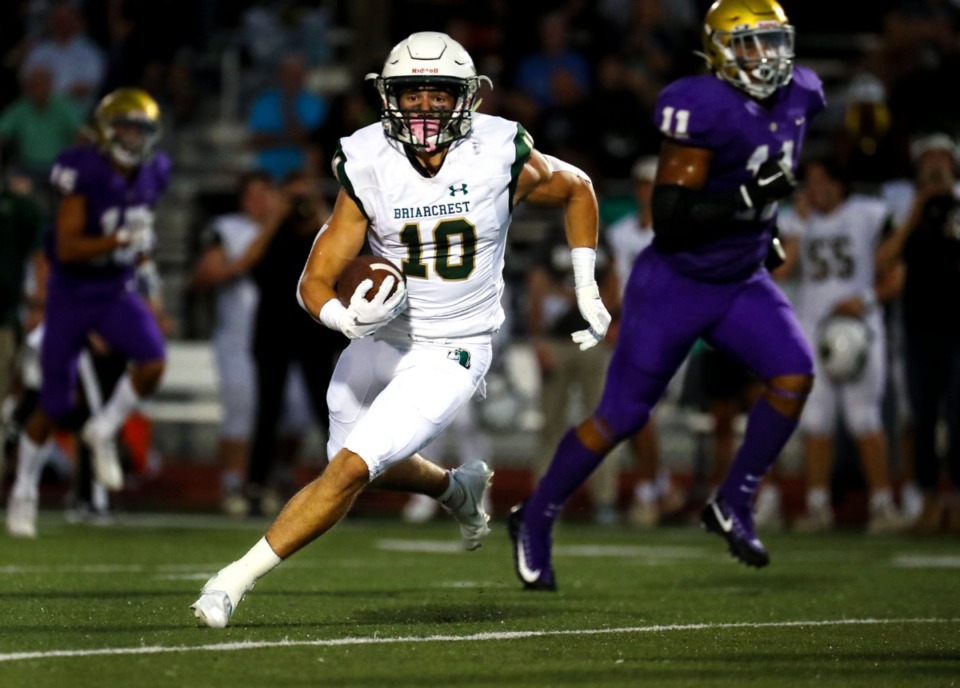 <strong>Briarcrest&rsquo;s Reed Linder (10) runs for a first down after a reception during the Sept. 17 game at CBHS.</strong> (Patrick Lantrip/Daily Memphian)