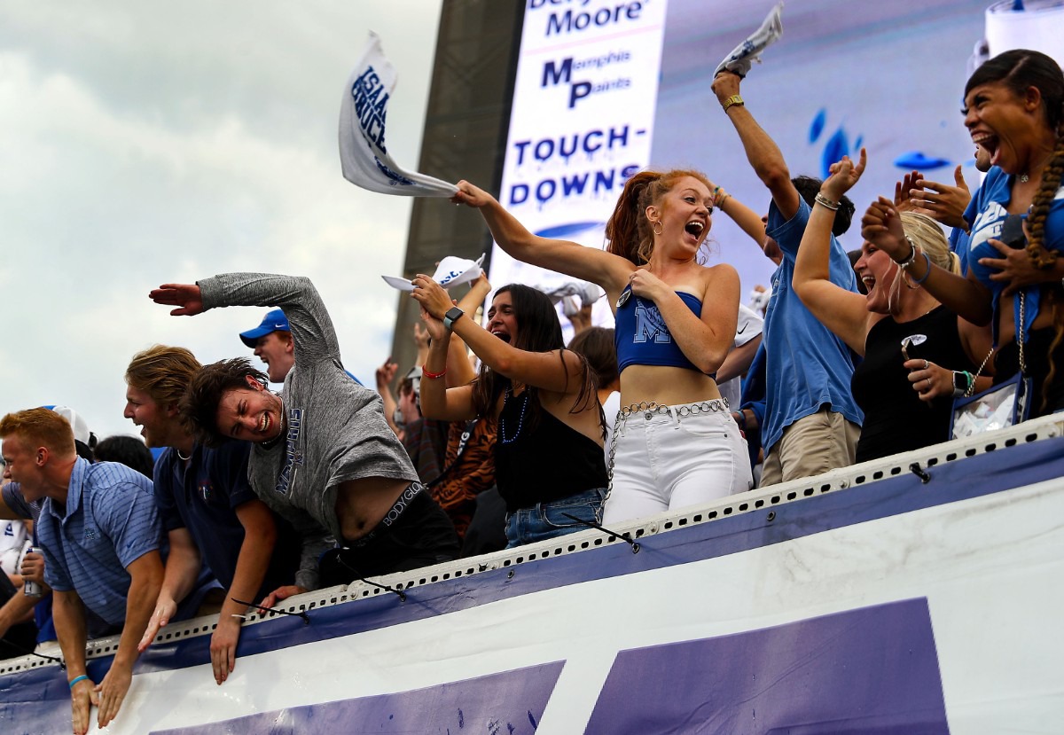 <strong>University of Memphis fans celebrate after their team scored the go-ahead touchdown during a Sept. 18, 2021 game Saturday against Mississippi State University.</strong> (Patrick Lantrip/Daily Memphian)