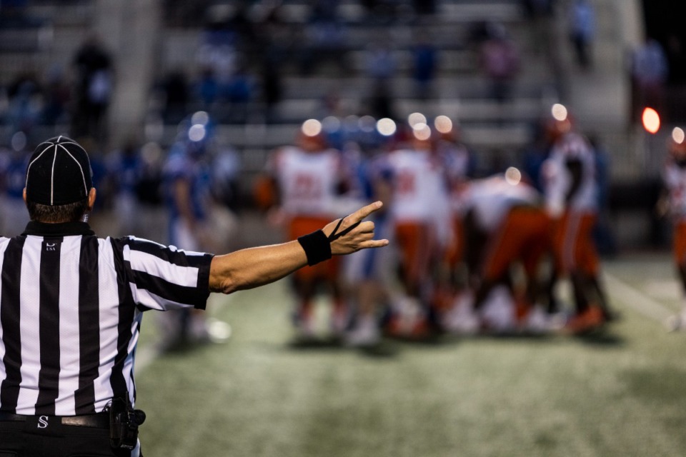 <strong>A referee makes a call during Friday night&rsquo;s Ridgeway-MUS game.</strong> (Brad Vest/Daily Memphian)