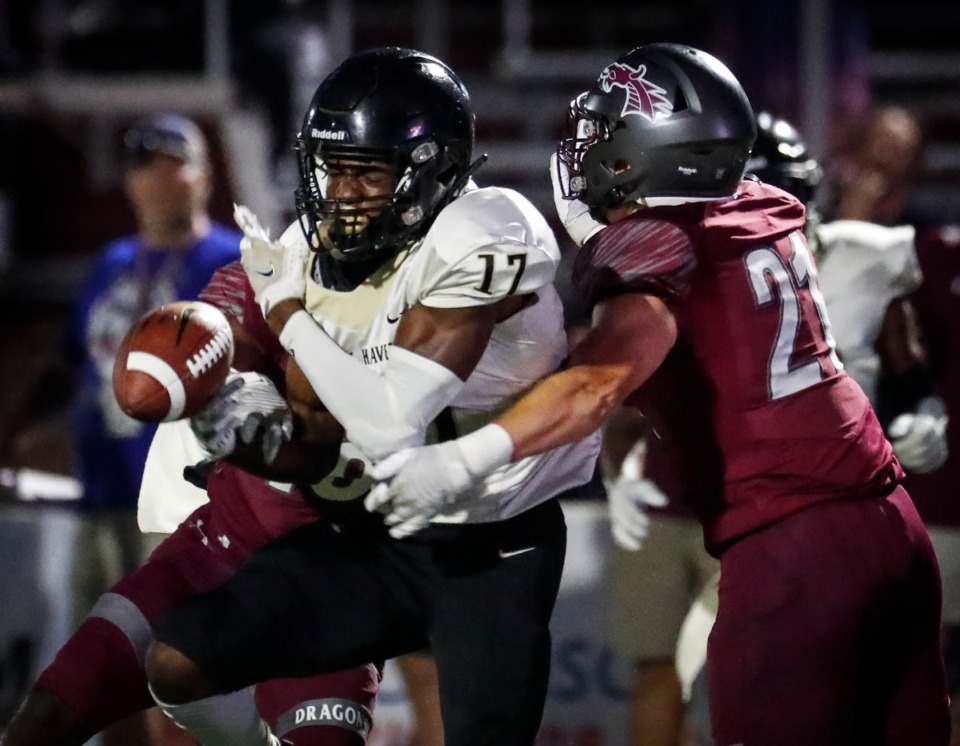 <strong>Whitehaven receiver Mikkal Stewart (left) can&rsquo;t hang onto a touchdown reception in front of Collierville&rsquo;s Harrison Craig (right) on Sept. 24, 2021.</strong> (Mark Weber/The Daily Memphian)
