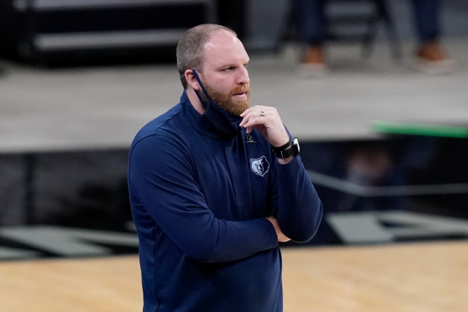 <strong>Memphis Grizzlies head coach Taylor Jenkins watches from the sideline during the first half of an NBA basketball game against the San Antonio Spurs in San Antonio, Monday, Feb. 1, 2021.</strong> (AP Photo/Eric Gay)