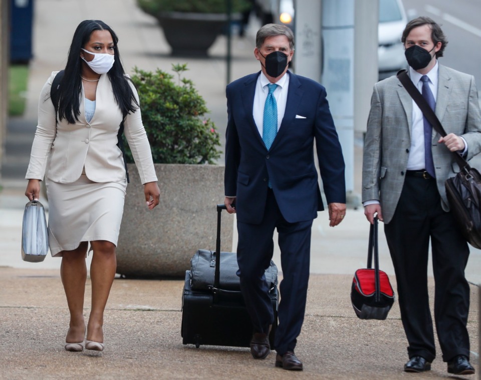<strong>State Sen. Katrina Robinson (left) walks to federal court with her attorneys on Friday, Sept. 17, 2021.</strong> (Mark Weber/The Daily Memphian file)