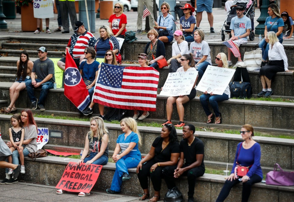 <strong>A crowd attends a &rdquo;Freedom Rally" on Wednesday, Sept. 29, 2021, in front of Memphis City Hall.</strong> (Mark Weber/The Daily Memphian)