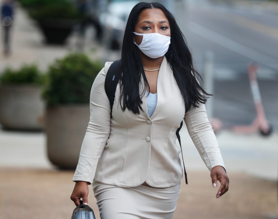 <strong>State Sen. Katrina Robinson walks to federal court on Friday, Sept. 17, 2021. If she is convicted of the remaining five wire fraud charges, she could face up to 20 years in prison.</strong> (Mark Weber/The Daily Memphian file)