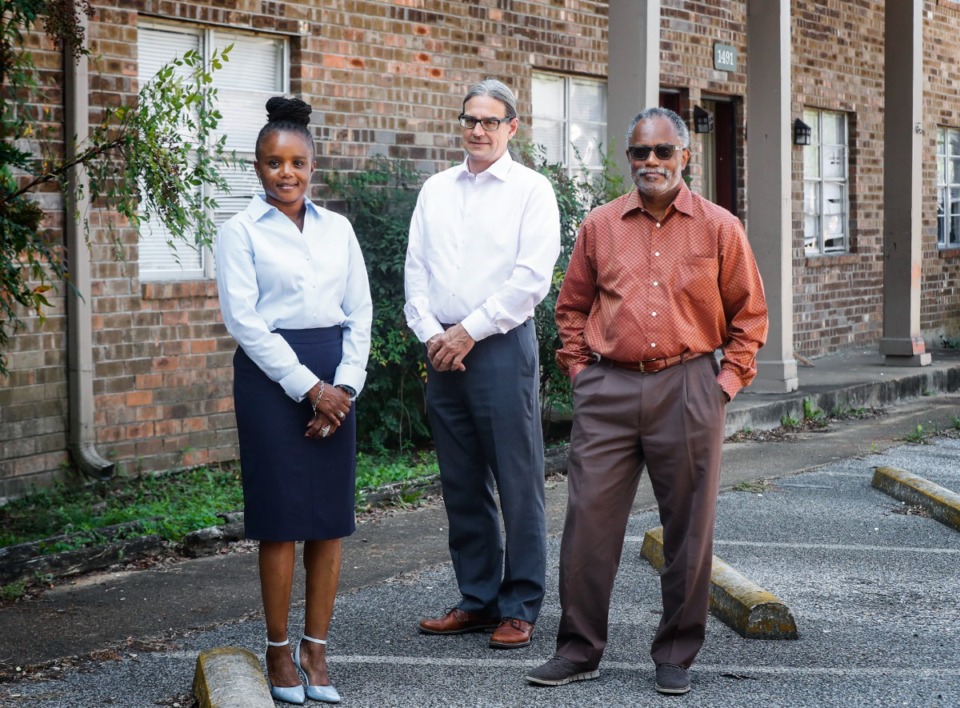 <strong>Roshun Austin, head of The Works Community Development Corp., Steve Barlow, head of Neighborhood Preservation Inc., and Archie Willis, head of Urban Renaissance Partners, stand in the old Pleasant View apartments on Friday, Sept. 10, 2021 in Frayser.</strong> (Mark Weber/The Daily Memphian)