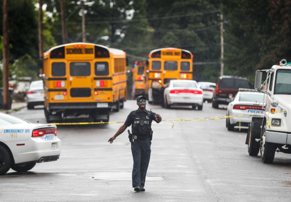 <strong>Memphis Police cordon off the area around Cummings Elementary School, after a student was shot at on Thursday, Sept. 30, 2021.</strong> (Mark Weber/The Daily Memphian)
