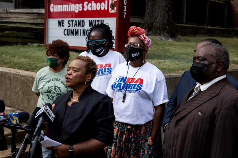 <strong>Former federal prosecutor Linda Harris,&nbsp; a candidate in the Democratic primary for Shelby County District Attorney General, talks to the media outside Cummings K-8 School on Friday, Oct. 1. Harris discussed shootings at the school and at a Collierville Kroger, saying &ldquo;It&rsquo;s an epidemic of violence.&rdquo;</strong> (Brad Vest/Special to the Daily Memphian)