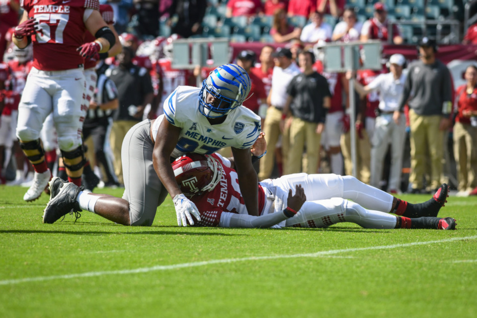 <strong>Wardalis Ducksworth of the Memphis Tigers tackles D'Wan Mathis of the Temple Owls during the Memphis-Temple game at Lincoln Financial Field on Oct. 2, 2021 in Philadelphia, Pennsylvania.</strong> (Kate Frese/Special to Daily Memphian)
