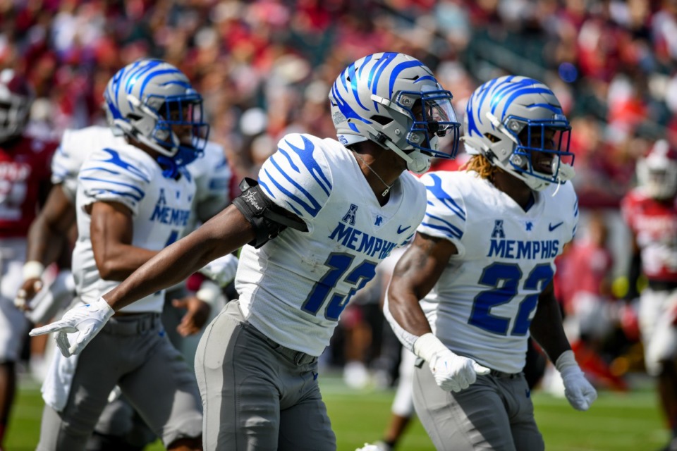 <strong>Javon Ivory (13) of the Memphis Tigers celebrates during the game against the Temple Owls at Lincoln Financial Field on Oct. 2, 2021 in Philadelphia.</strong> (Kate Frese/Special to the Daily Memphian)