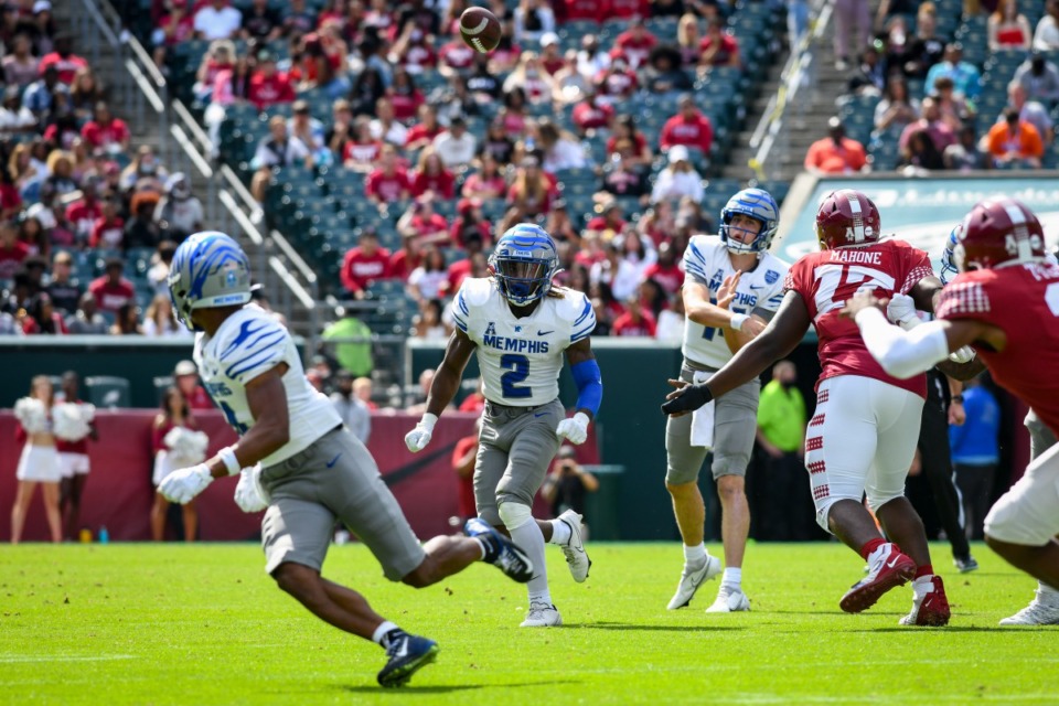 <strong>Seth Henigan (14) of the Memphis Tigers passes the ball during the game against the Temple Owls at Lincoln Financial Field on Oct. 2, 2021 in Philadelphia.</strong> (Kate Frese/Special to The Daily Memphian)