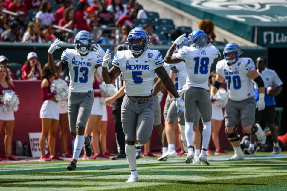 <strong>Sean Dykes (5) of the Memphis Tigers and teammates celebrate a touchdown during the game against the Temple Owls at Lincoln Financial Field on Oct. 2, 2021 in Philadelphia.</strong> (Kate Frese/Special to The Daily Memphian)