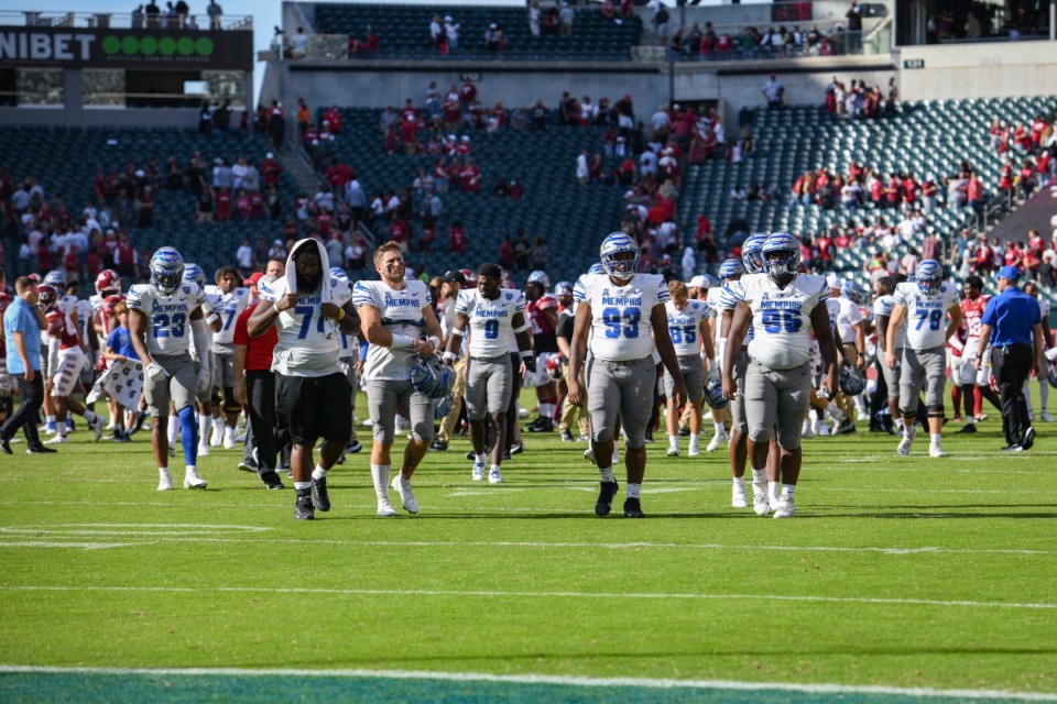 <strong>Memphis Tigers players walk off the field after being defeated by the Temple Owls at Lincoln Financial Field on Oct. 2, 2021 in Philadelphia.</strong> (Kate Frese/Special to The Daily Memphian)