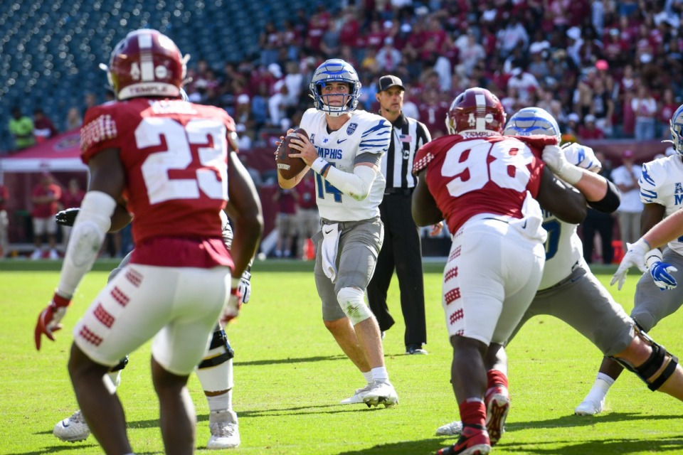 <strong>Seth Henigan (14) of the Memphis Tigers looks to pass the ball during the game against the Temple Owls at Lincoln Financial Field on Oct. 2, 2021 in Philadelphia.</strong> (Kate Frese/Special to The Daily Memphian)