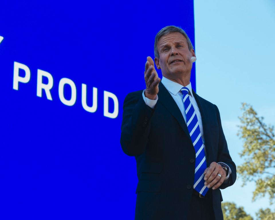 <strong>Tennessee Gov. Bill Lee speaks at Ford Motor Co.&rsquo;s West Tennessee manufacturing campus unveiling press conference at Shelby Farms on Sept. 28, 2021. Lee and several others were involved in the courting of Ford to come to Tennessee and the Memphis Regional Megasite. </strong>(Ziggy Mack/Special to The Daily Memphian)<strong><br /></strong>