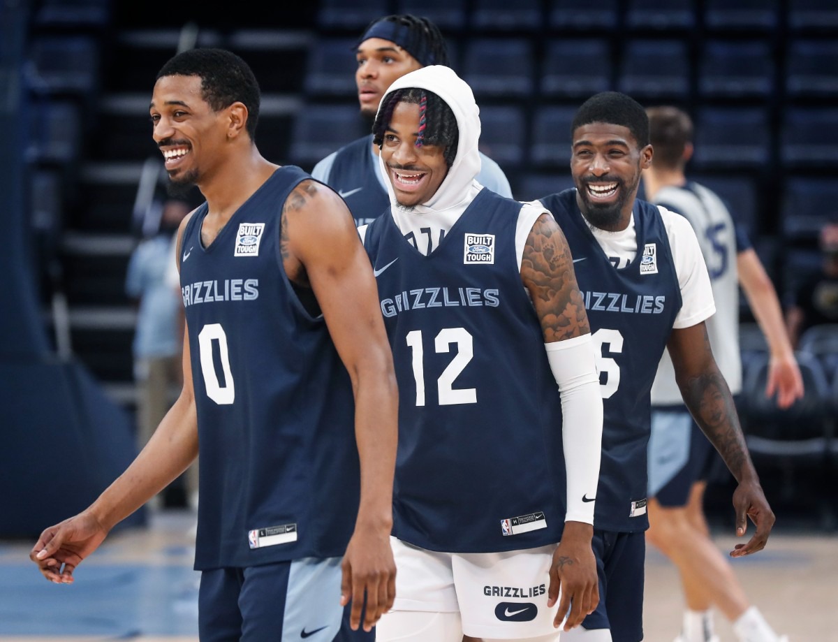 <strong>Memphis Grizzlies guards (left to right) De'Anthony Melton, Ja Morant and Shaq Buchann during open practice on Sunday, Oct. 3, 2021.</strong> (Mark Weber/The Daily Memphian)