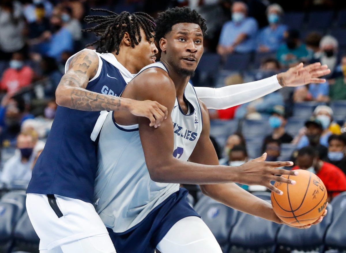 <strong>Memphis Grizzlies center Jaren Jackson Jr. (right) drives the lane in front of teammate Ja Morant (left) during open practice on Sunday, Oct. 3, 2021.</strong> (Mark Weber/The Daily Memphian)
