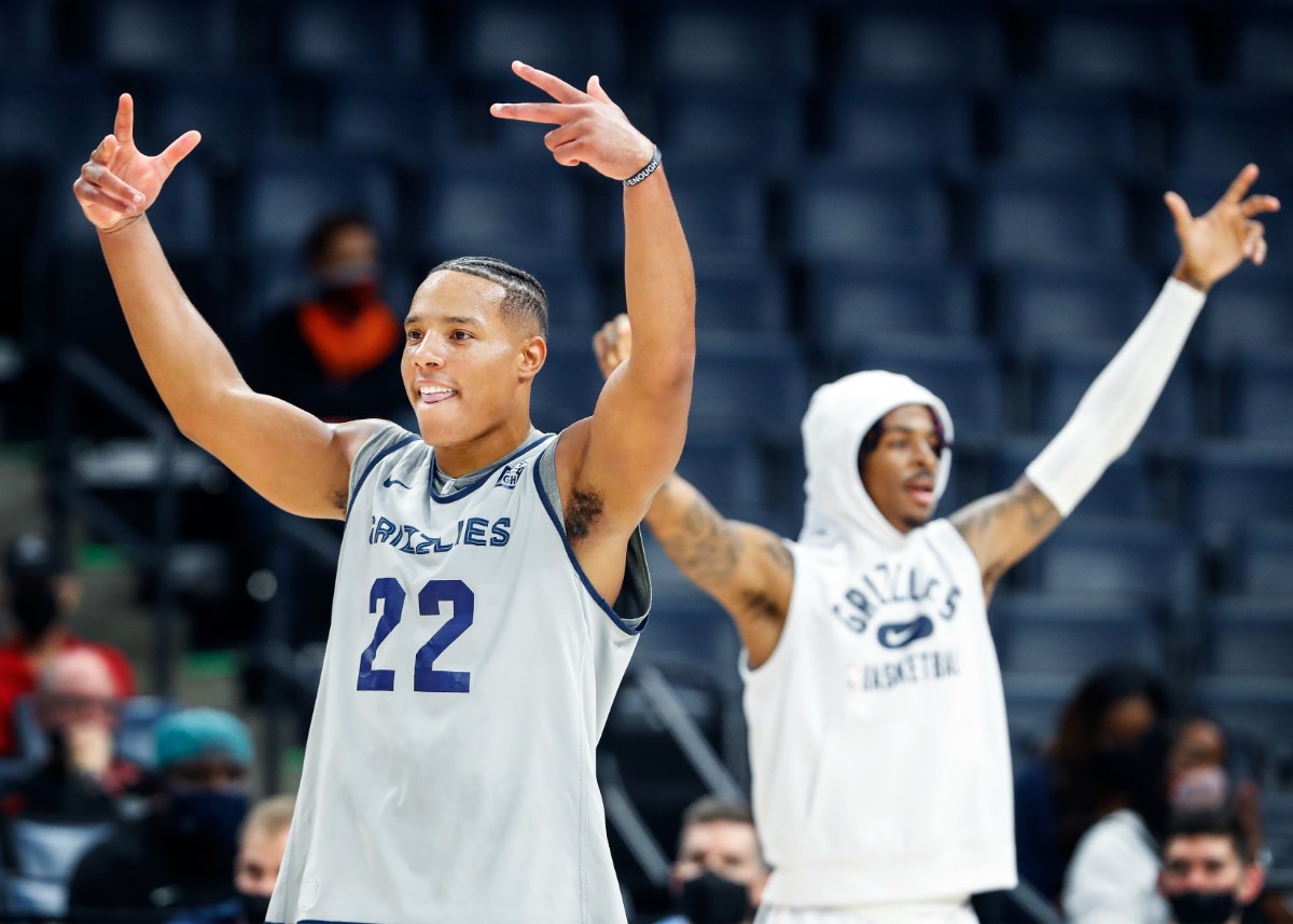 <strong>Memphis Grizzlies guard Desmond Bane (left) celebrates with teammate Ja Morant (right) during open practice on Sunday, Oct. 3, 2021.</strong> (Mark Weber/The Daily Memphian)