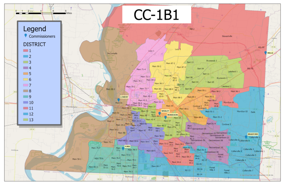 <strong>This is one of two new maps the county redistricting ad hoc group reviewed at its Sept. 27 meeting. The proposal shows the changes in attempting to create a Cordova district and a&nbsp;&ldquo;Midtown-East Memphis&rdquo; district.</strong>&nbsp;(Source: Shelby County Commission)