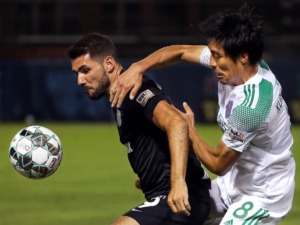 <strong>Memphis 901 FC forward Kyle Murphy (left, in June) scored on a header fed to him by midfielder Kadeem Dacres (not pictured), who got the assist.</strong>&nbsp;(Patrick Lantrip/Daily Memphian)