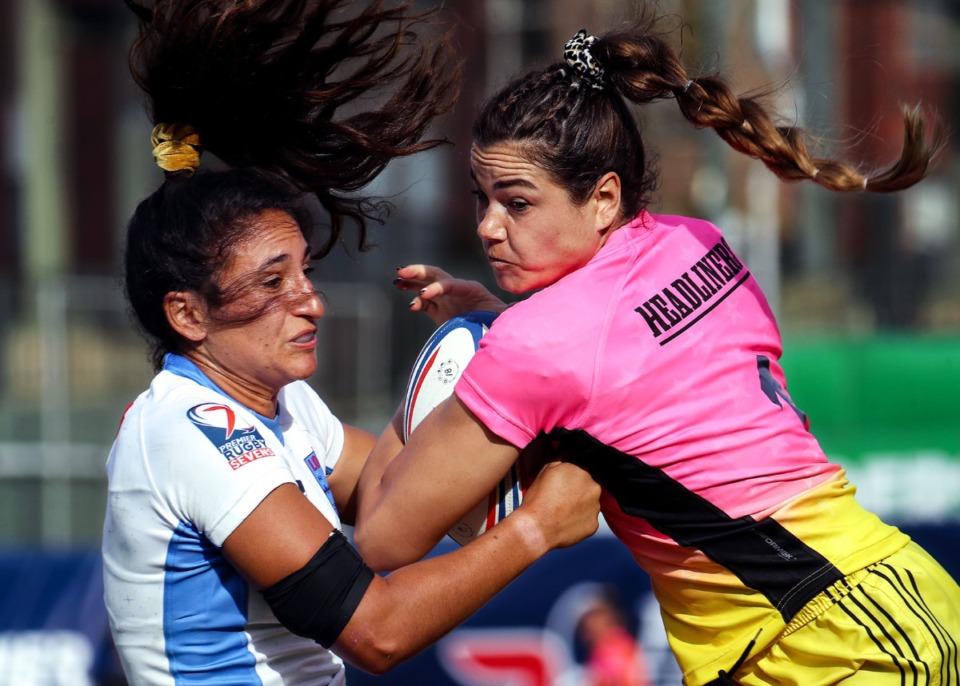 <strong>Headliners' Nicole Strasko (1) tries to dodge a Locals defender during the Premier Rugby Sevens Inaugural Championship at AutoZone Park on Saturday, Oct. 9.</strong> (Patrick Lantrip/Daily Memphian)