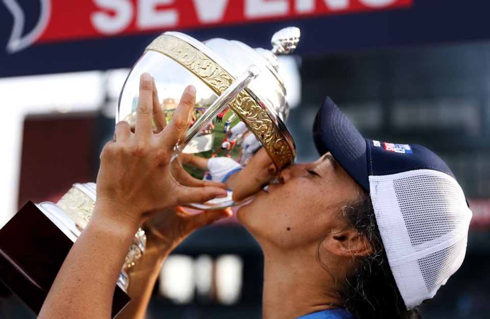 <strong>Summer Harris Jones kisses the trophy after winning the Premier Rugby Sevens&rsquo; Inaugural Championship at AutoZone Park</strong>&nbsp;<strong>on Saturday, Oct. 9.</strong> (Patrick Lantrip/Daily Memphian)