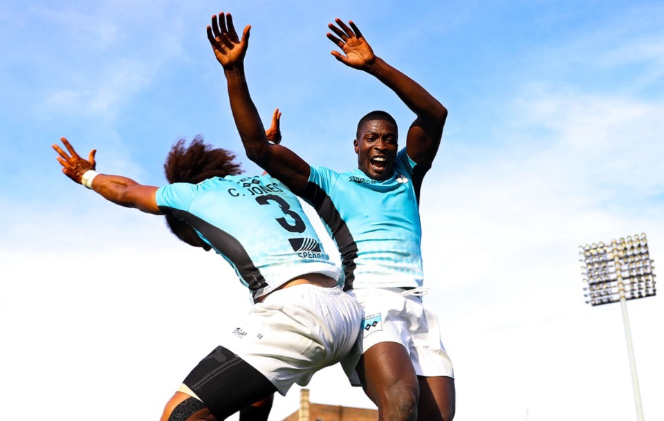 <strong>Experts' Corey Jones (3) and Dave Hightower (1) celebrate after winning the Premier Rugby Sevens Inaugural Championship at AutoZone Park on Saturday, Oct. 9.</strong> (Patrick Lantrip/Daily Memphian)