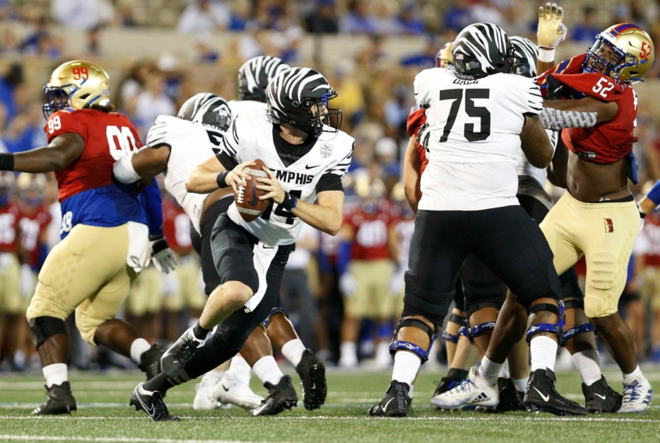 <strong>Memphis Tigers quarterback Seth Henigan (14) looks to pass against Tulsa</strong>&nbsp;<strong>on Saturday, Oct. 9, in Tulsa.</strong>&nbsp;(Joey Johnson/Special to the Daily Memphian)