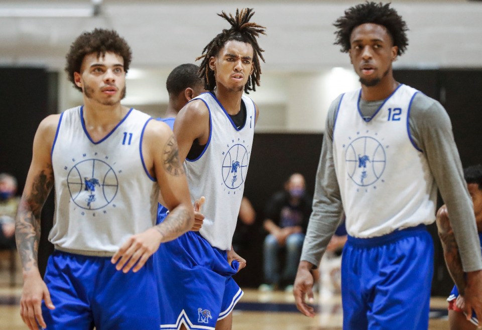 <strong>Lester Quinones (left), Emoni Bates (middle) and DeAndre Williams (right) will most likely be three starters for Penny Hardaway&rsquo;s Tigers this season.</strong> (Mark Weber/Daily Memphian)