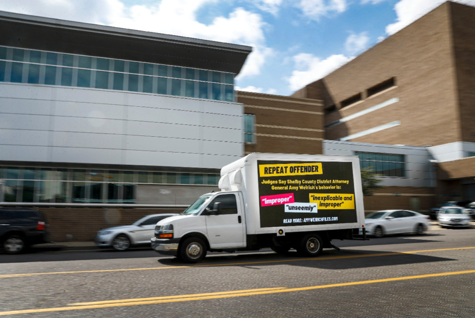 <strong>Memphis Watch had a mobile billboard circling 201 Poplar on Wednesday, Oct. 6, 2021, highlighting the shortcomings it sees with Shelby County District Attorney Amy Weirich.</strong> (Mark Weber/The Daily Memphian)