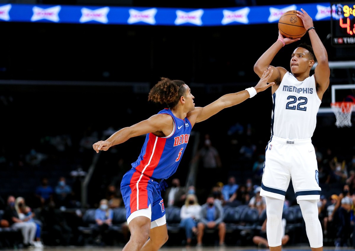 <strong>Grizzlies guard Desmond Bane (22) shoots a 3 during the Oct. 11 preseason game against the Detroit Pistons.</strong> (Patrick Lantrip/Daily Memphian)