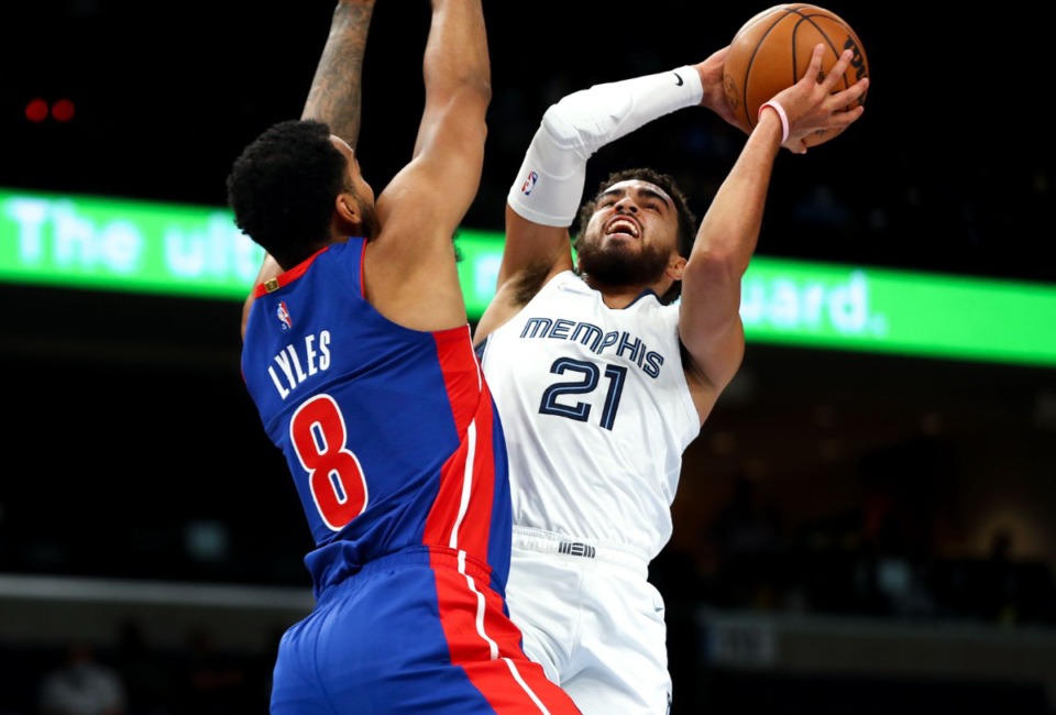 <strong>Grizzlies guard Tyus Jones goes up for a contested layup during the Oct. 11 preseason game against the Detroit Pistons.</strong> (Patrick Lantrip/Daily Memphian)
