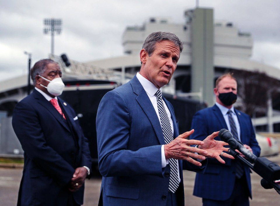 <strong>Tennessee Gov. Bill Lee (middle, last February) called last week for review of the Basic Education Program, the state&rsquo;s funding formula, to determine how education dollars are distributed.</strong>&nbsp;(Patrick Lantrip/Daily Memphian)