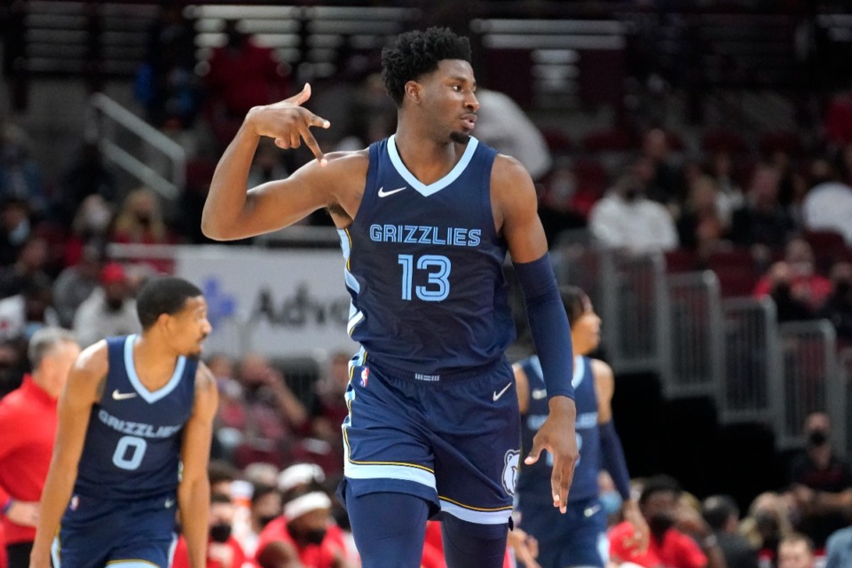 <strong>Grizzlies forward Jaren Jackson Jr. celebrates his 3-point basket in the game against Chicago&nbsp;on Oct. 15.</strong> (Charles Rex Arbogast/AP)