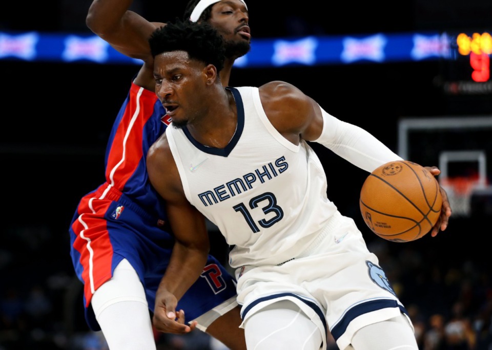 <strong>Memphis Grizzlies forward Jaren Jackson Jr. drives to the basket during an Oct. 11 preseason game against the Detroit Pistons.</strong> (Patrick Lantrip/Daily Memphian)