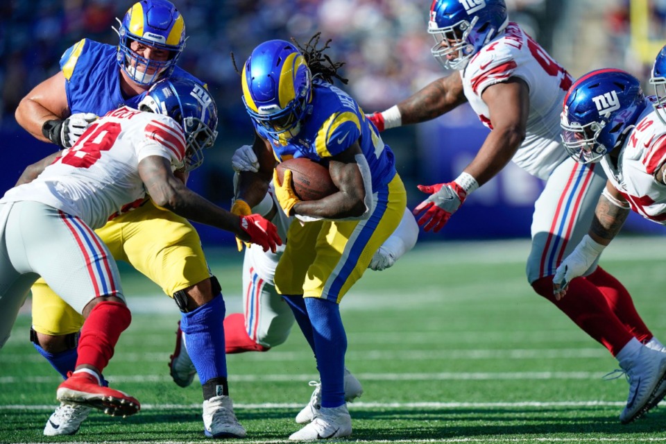 <strong>Los Angeles Rams&rsquo; Darrell Henderson runs the ball during the second half against the New York Giants, Sunday, Oct. 17, in East Rutherford, N.J.</strong> (Frank Franklin II/Associated Press)