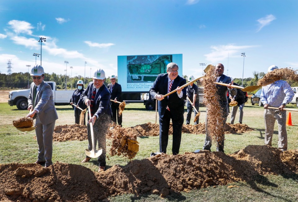 <strong>Local dignitaries heft shovels Monday, Oct. 18, 2021, during a groundbreaking ceremony at Rodney Baber Park in Frayser.</strong> (Mark Weber/The Daily Memphian)