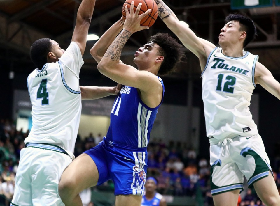 <strong>University of Memphis Lester Quinones (11) goes to the rim during a road game against the Tulane University Green Wave in New Orleans Feb. 29, 2020.</strong> (Patrick Lantrip/Daily Memphian file)