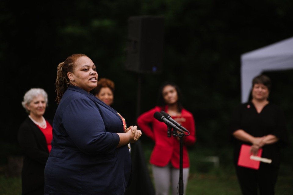 <strong>Commissioner Tami Sawyer speaks at the groundbreaking ceremony of the new Girls Inc. Patricia C. Howard Campus in June. Sawyer was arrested in front of the White House Tuesday with other activists.</strong>&nbsp;(Lucy Garrett/Special to the Daily Memphian)